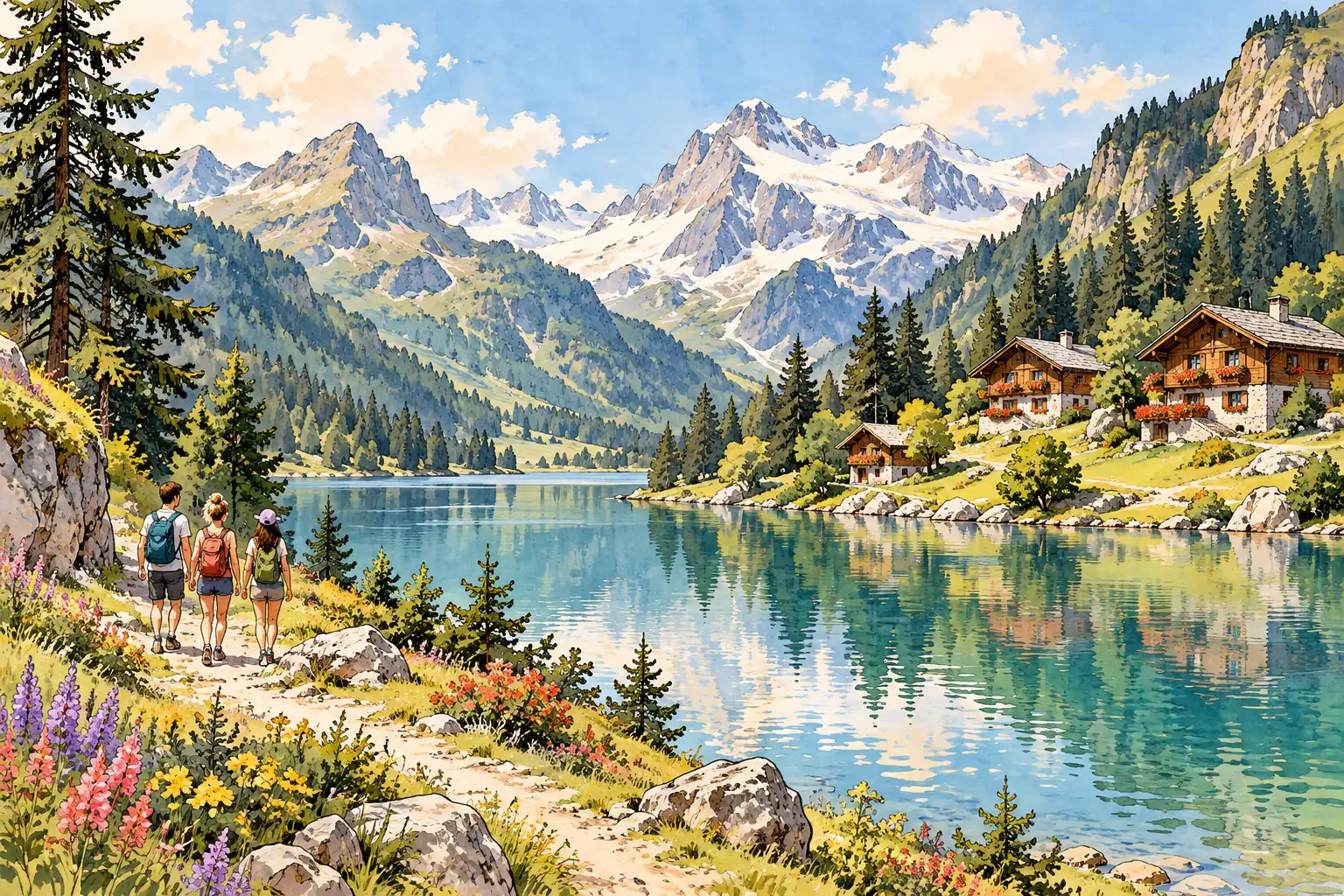 A hand-drawn characteristic landscape of Austria, with a few young adults for scale.