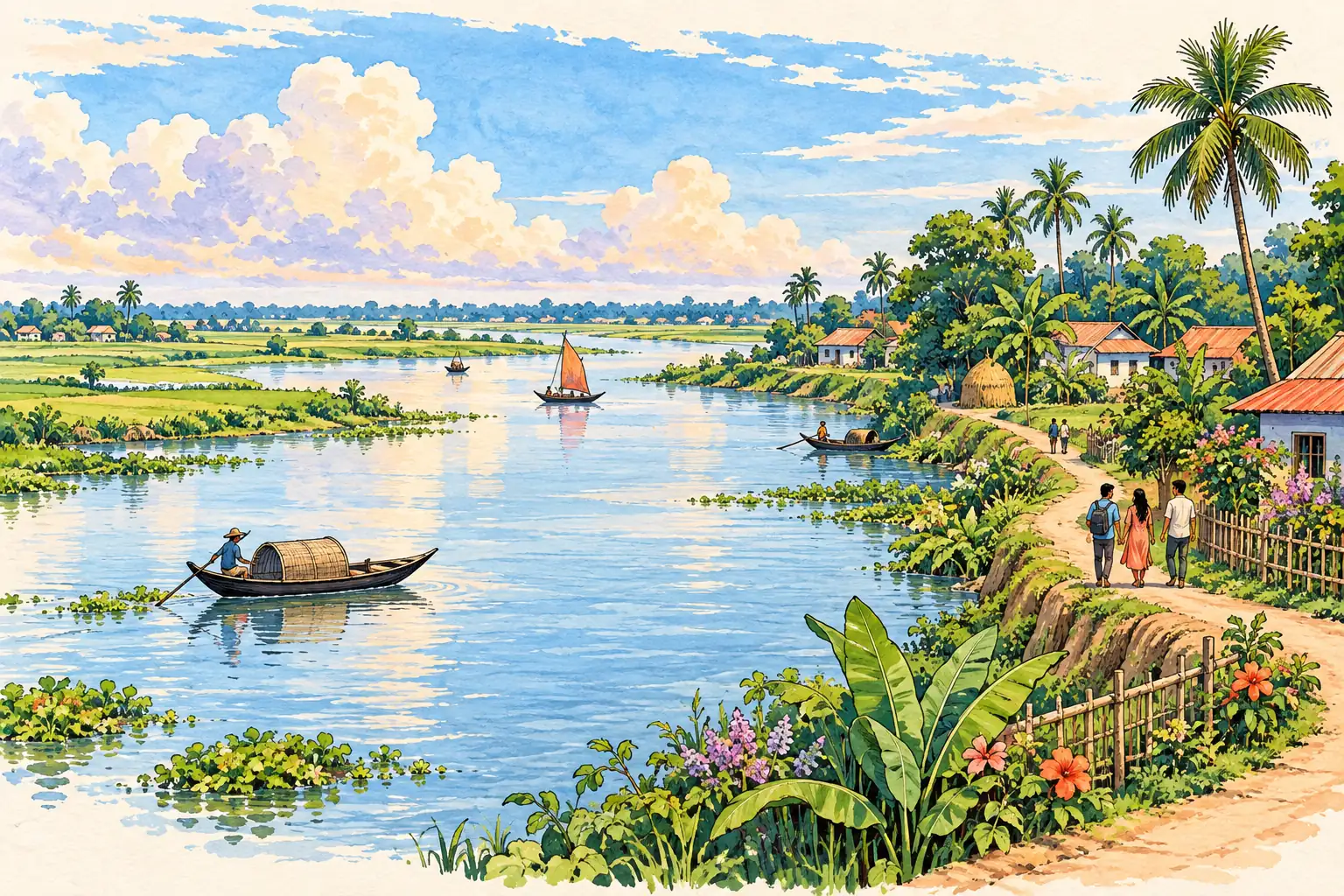 A hand-drawn characteristic landscape of Bangladesh, with a few young adults for scale.