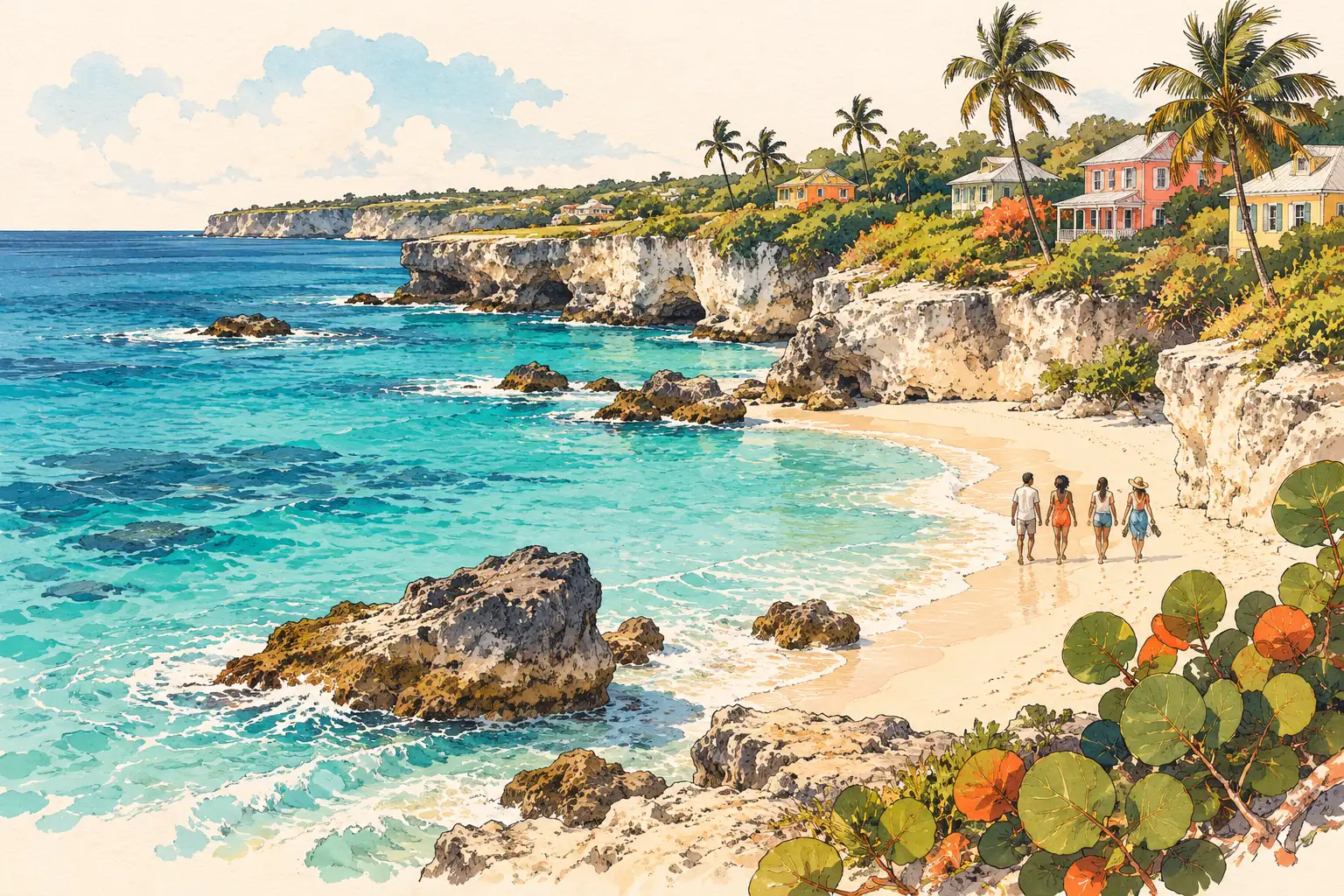 A hand-drawn characteristic landscape of Barbados, with a few young adults for scale.