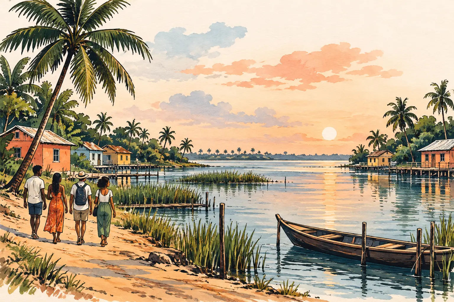 A hand-drawn characteristic landscape of Benin, with a few young adults for scale.