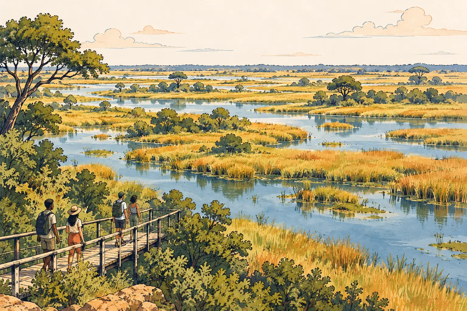 A hand-drawn characteristic landscape of Botswana, with a few young adults for scale.