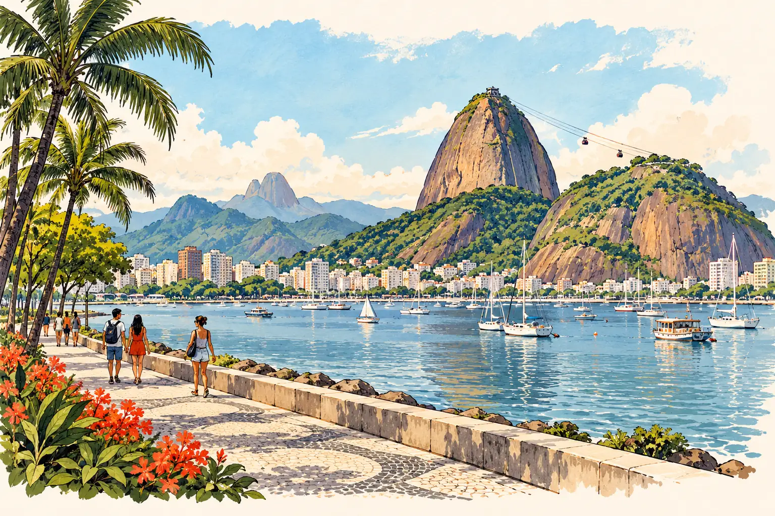 A hand-drawn characteristic landscape of Brazil, with a few young adults for scale.
