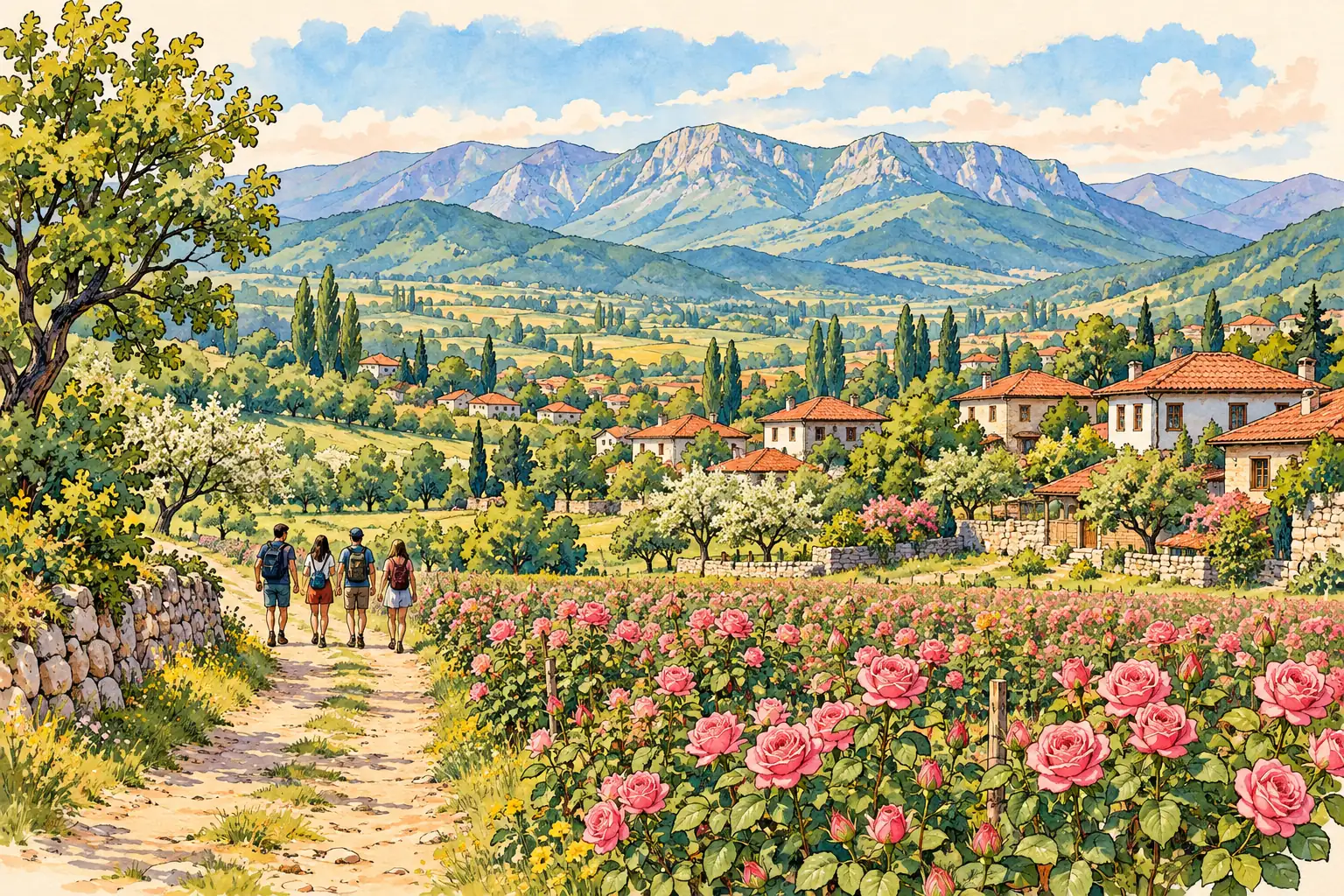 A hand-drawn characteristic landscape of Bulgaria, with a few young adults for scale.