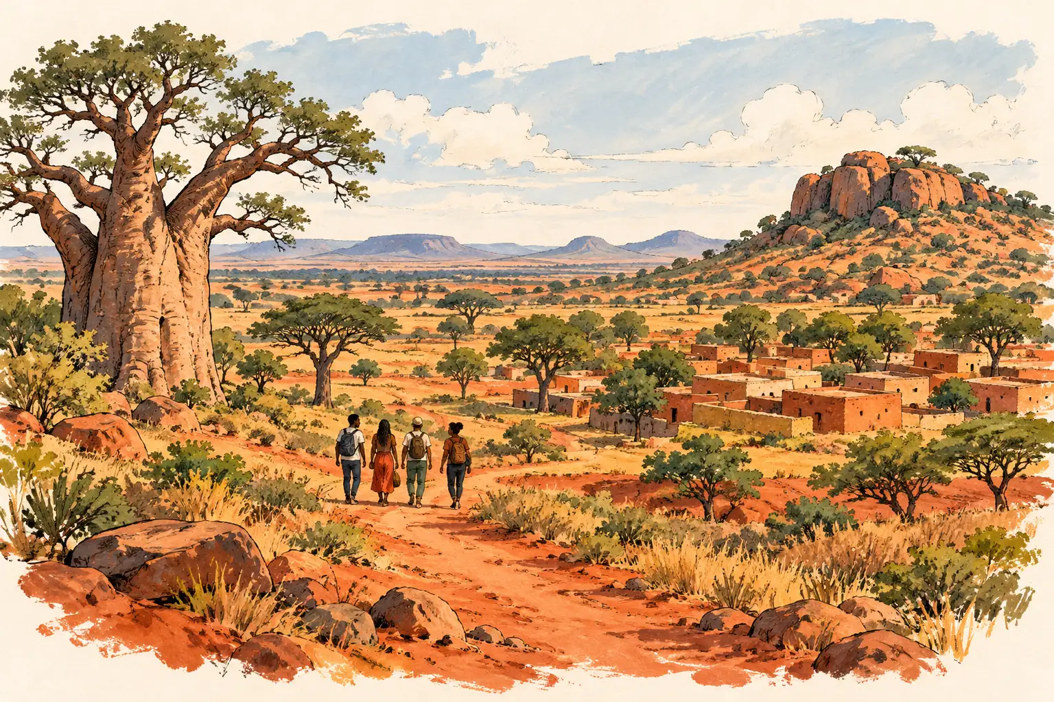 A hand-drawn characteristic landscape of Burkina Faso, with a few young adults for scale.