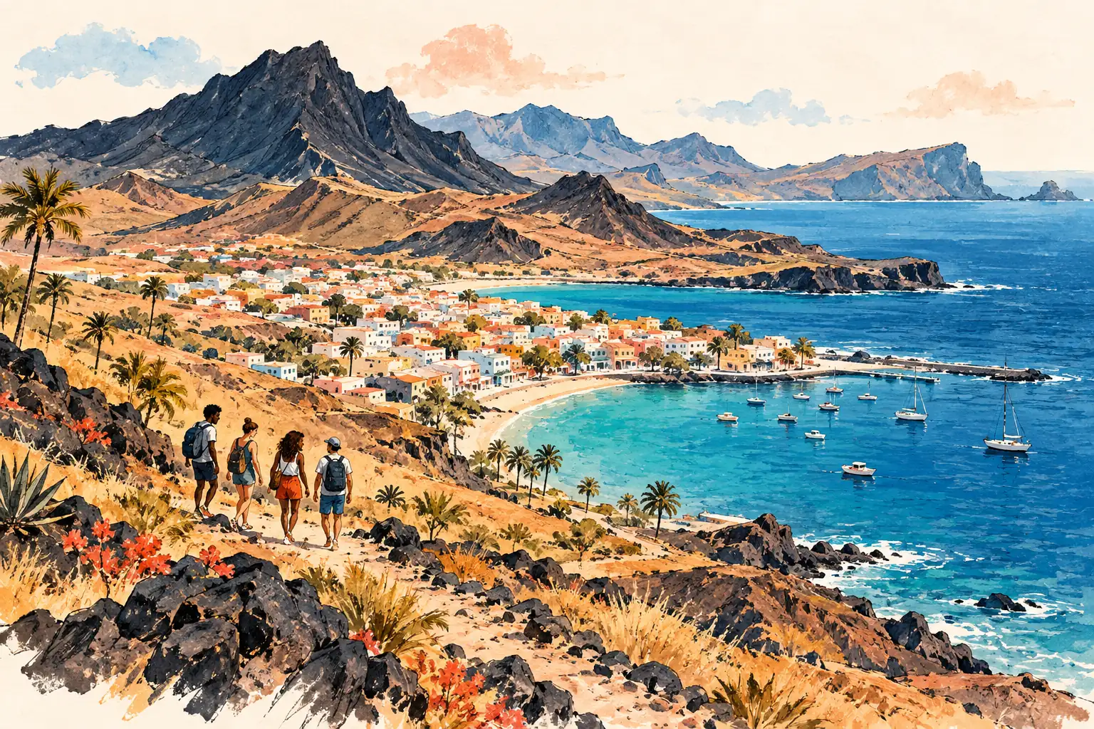 A hand-drawn characteristic landscape of Cabo Verde, with a few young adults for scale.