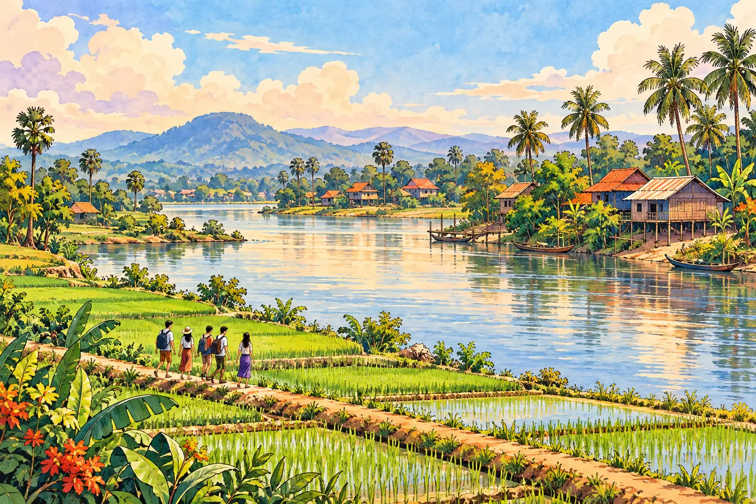 A hand-drawn characteristic landscape of Cambodia, with a few young adults for scale.