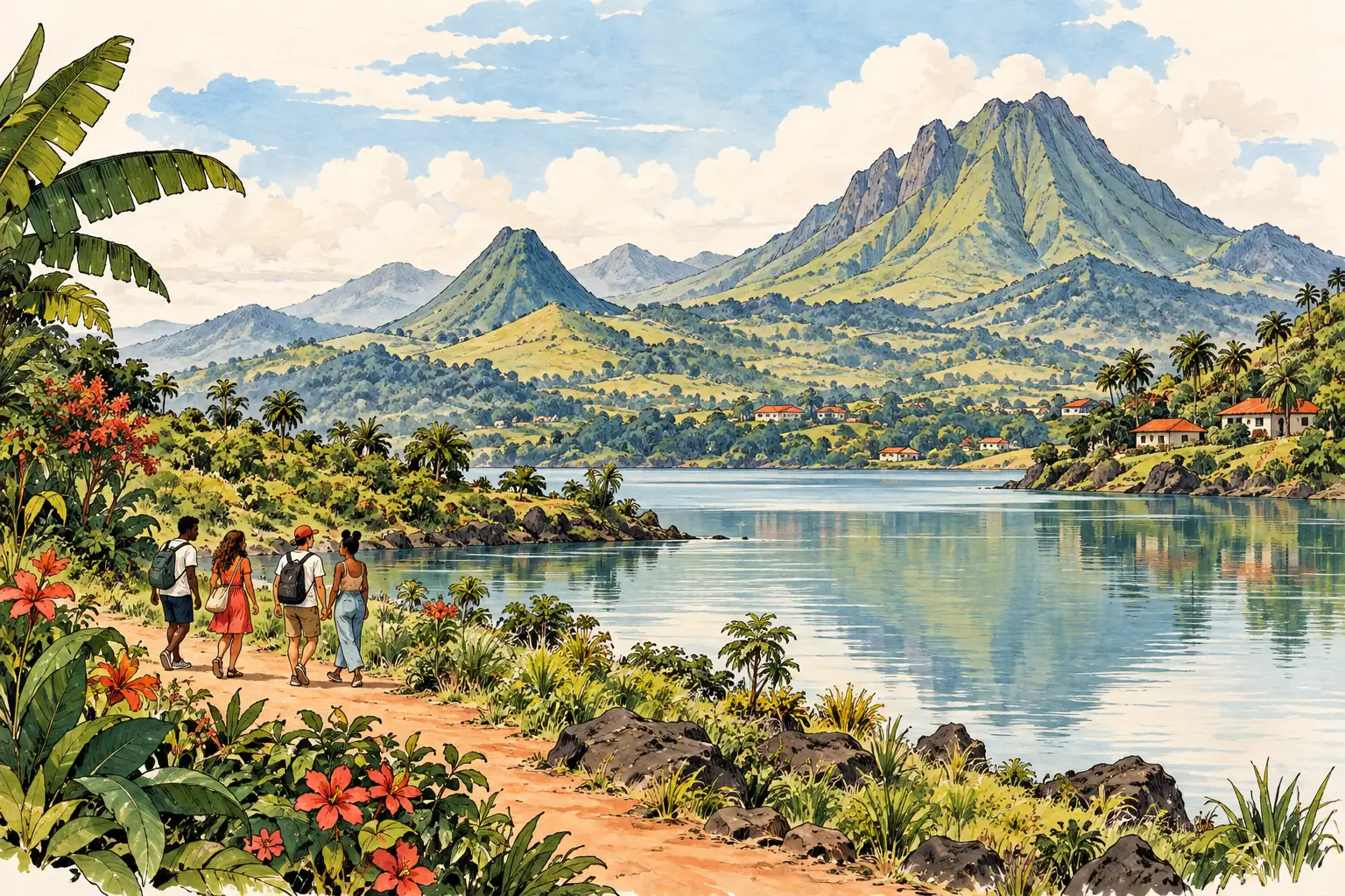 A hand-drawn characteristic landscape of Cameroon, with a few young adults for scale.