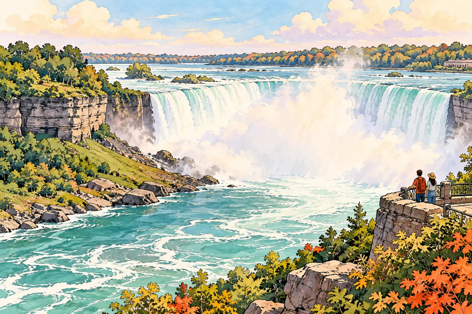 A hand-drawn characteristic landscape of Canada, with a few young adults for scale.