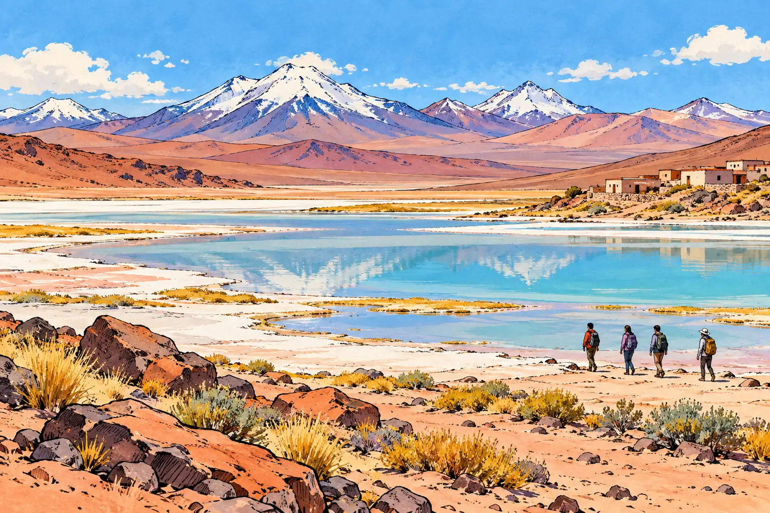 A hand-drawn characteristic landscape of Chile, with a few young adults for scale.
