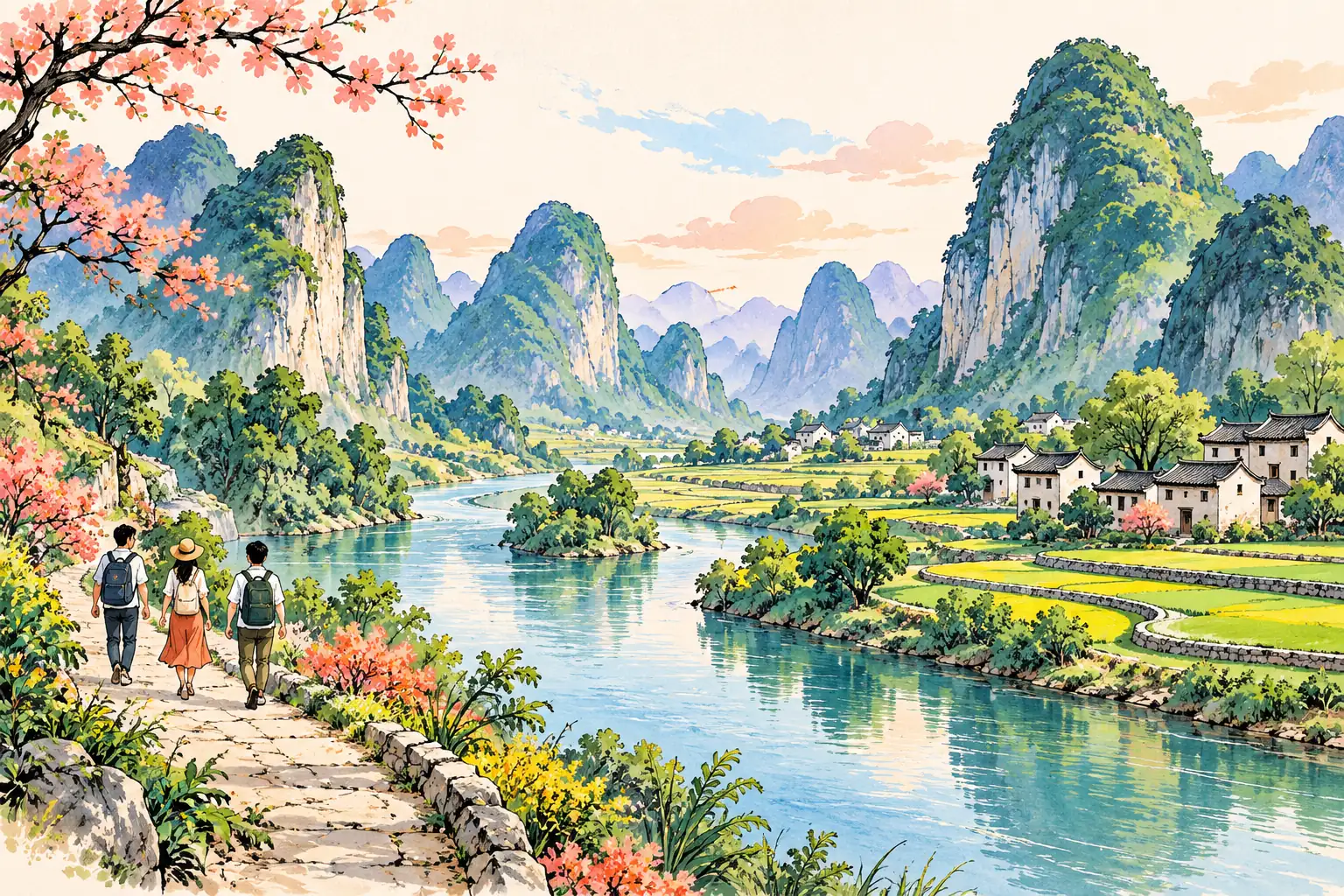 A hand-drawn characteristic landscape of China, with a few young adults for scale.