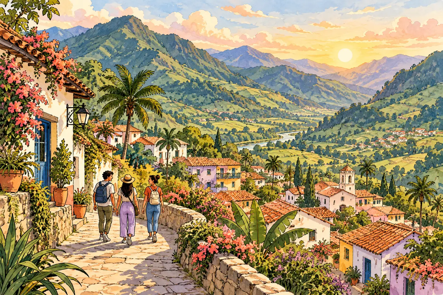 A hand-drawn characteristic landscape of Colombia, with a few young adults for scale.