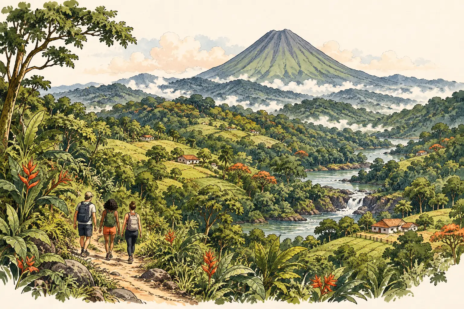 A hand-drawn characteristic landscape of Costa Rica, with a few young adults for scale.