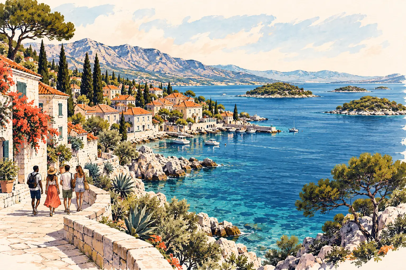 A hand-drawn characteristic landscape of Croatia, with a few young adults for scale.