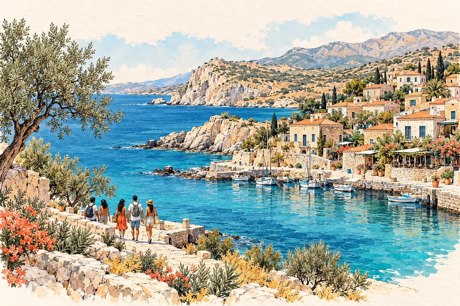 A hand-drawn characteristic landscape of Cyprus, with a few young adults for scale.