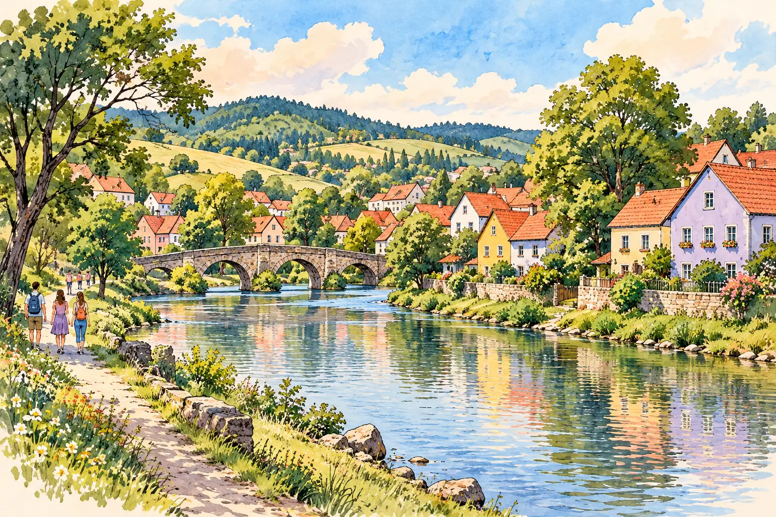 A hand-drawn characteristic landscape of Czechia, with a few young adults for scale.