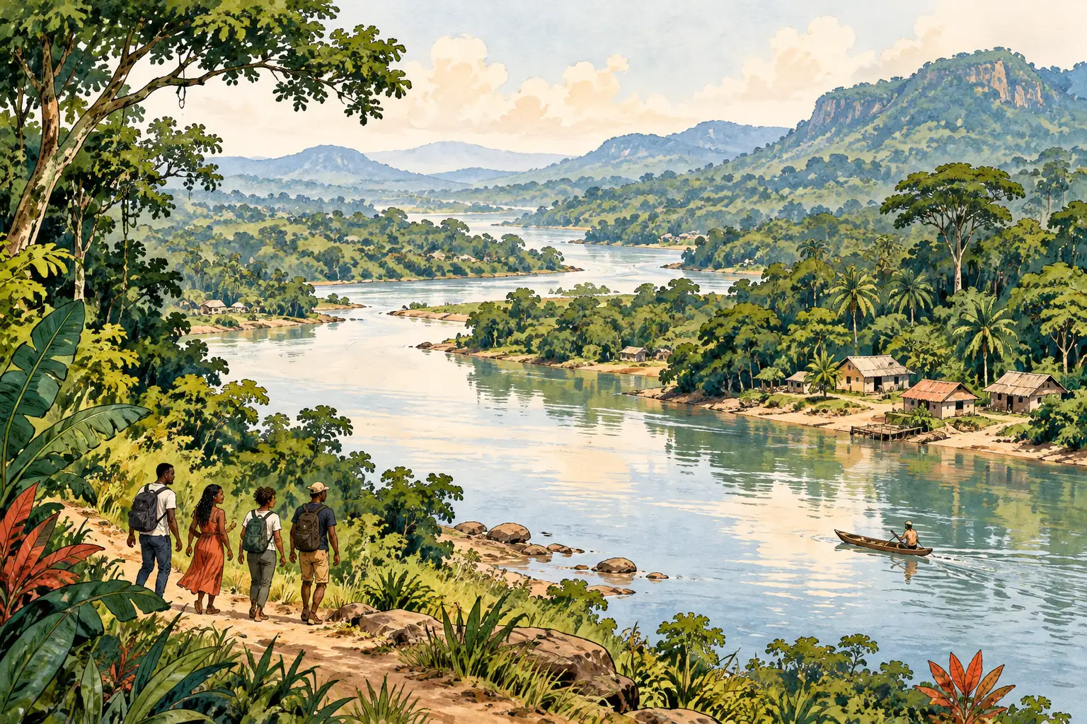 A hand-drawn characteristic landscape of Democratic Republic of the Congo, with a few young adults for scale.
