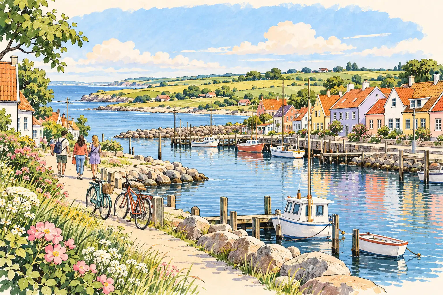 A hand-drawn characteristic landscape of Denmark, with a few young adults for scale.