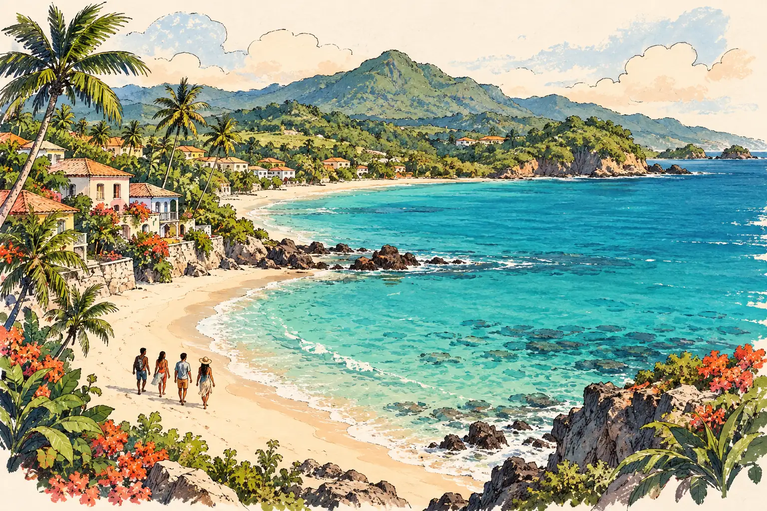 A hand-drawn characteristic landscape of Dominican Republic, with a few young adults for scale.