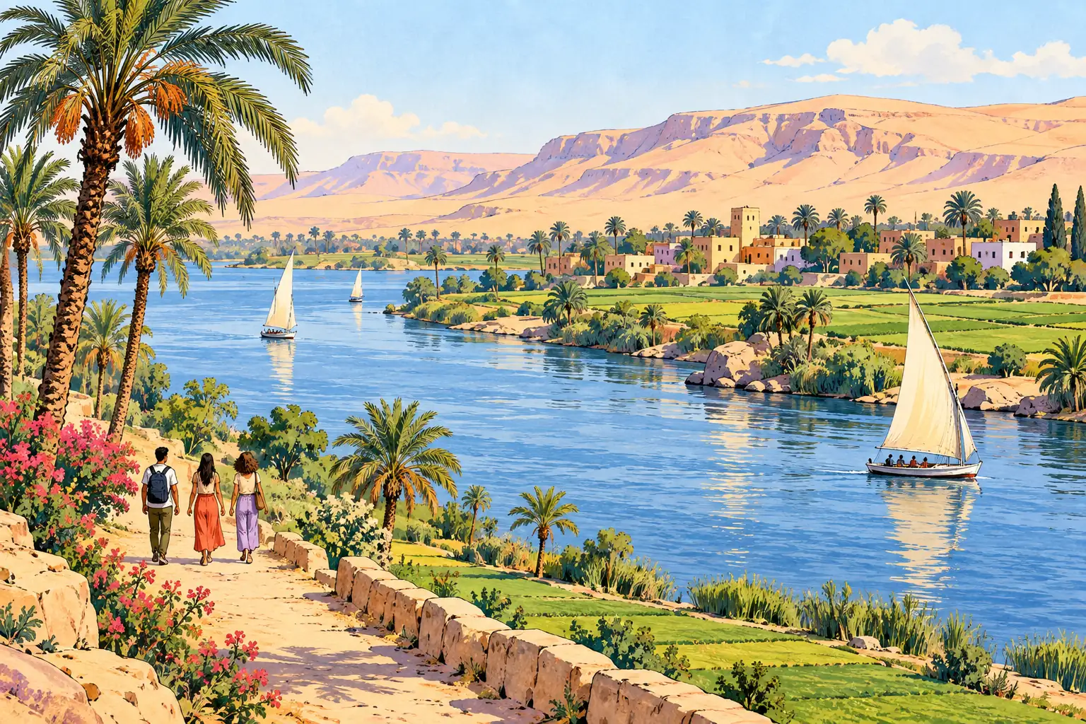 A hand-drawn characteristic landscape of Egypt, with a few young adults for scale.