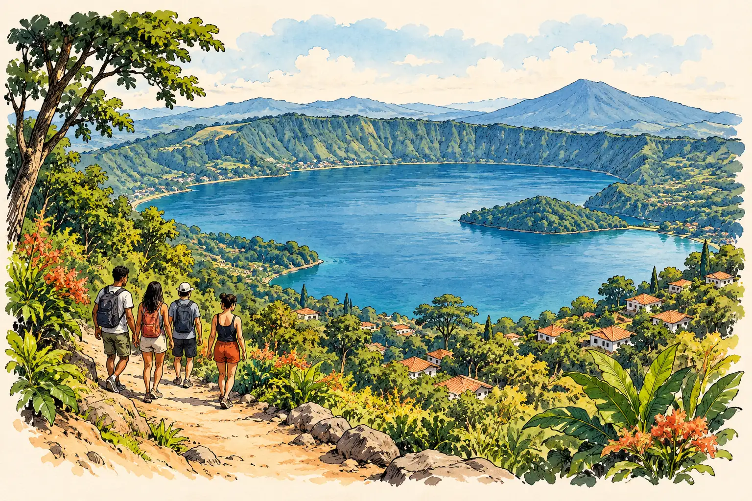 A hand-drawn characteristic landscape of El Salvador, with a few young adults for scale.