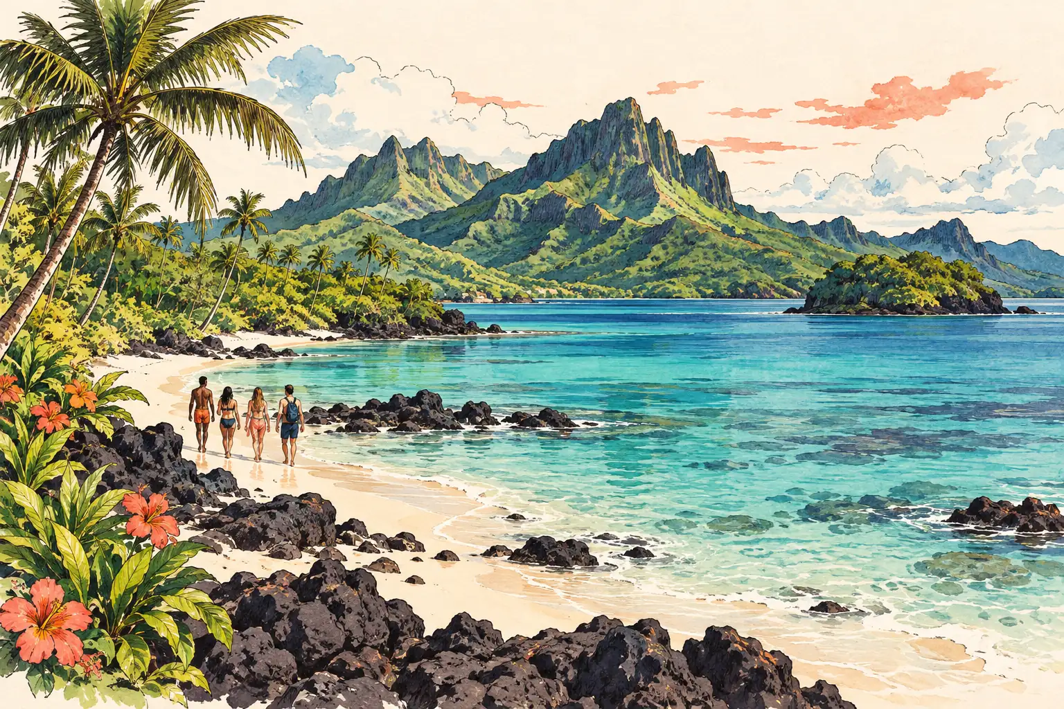 A hand-drawn characteristic landscape of Fiji, with a few young adults for scale.