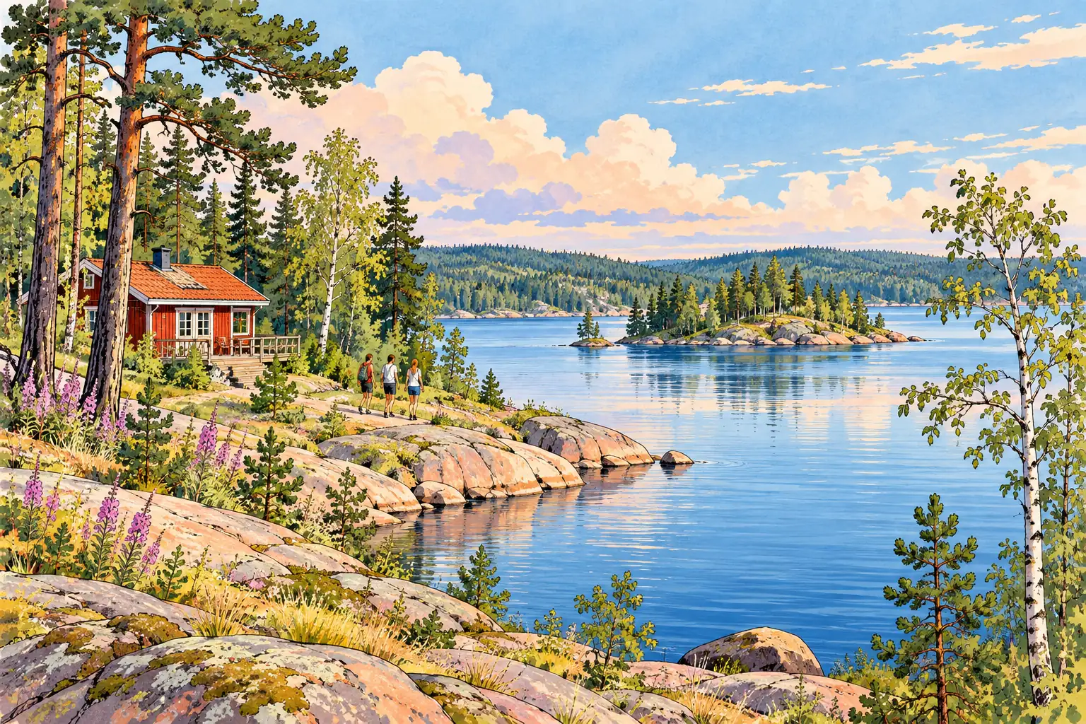 A hand-drawn characteristic landscape of Finland, with a few young adults for scale.