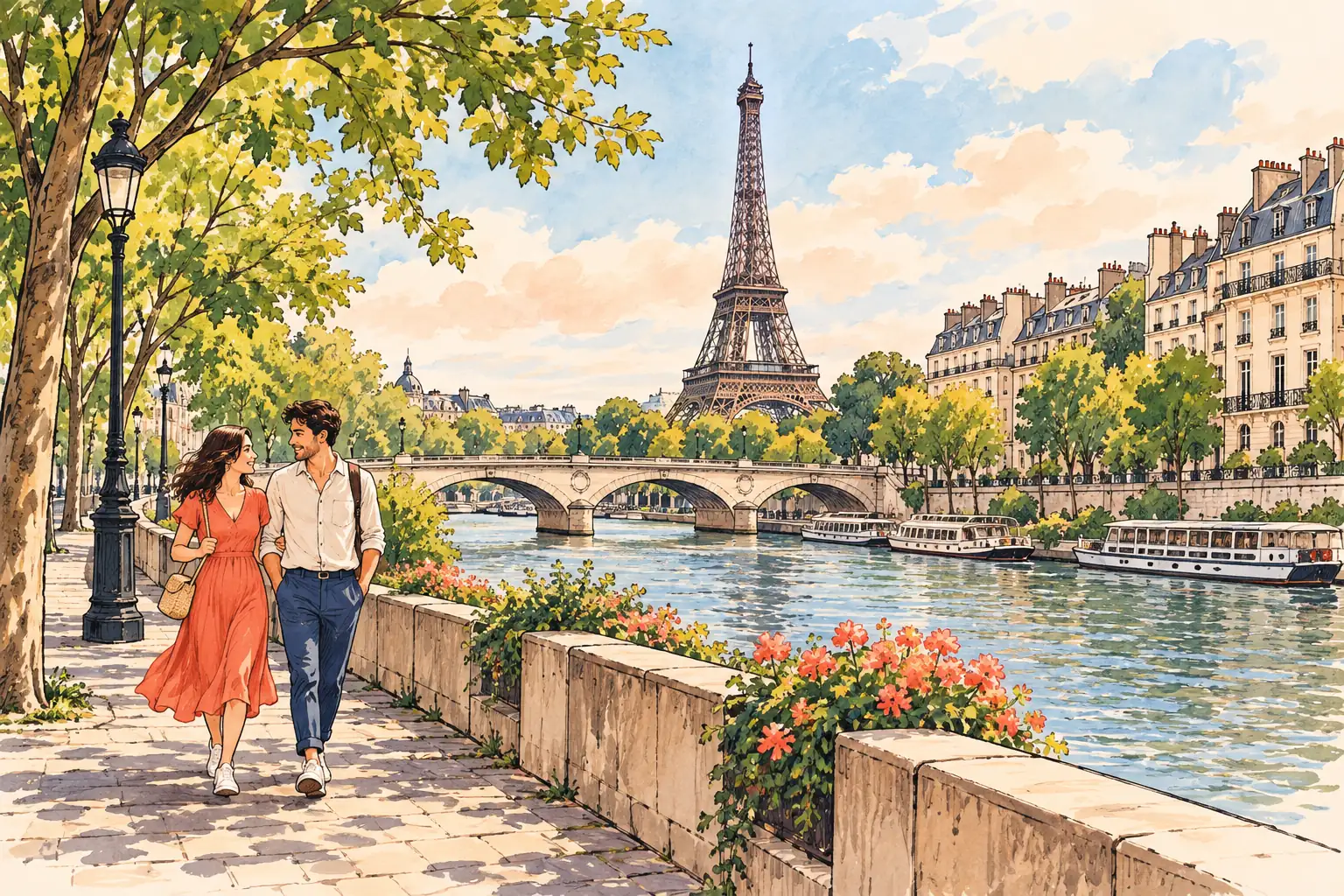 A hand-drawn characteristic landscape of France, with a few young adults for scale.