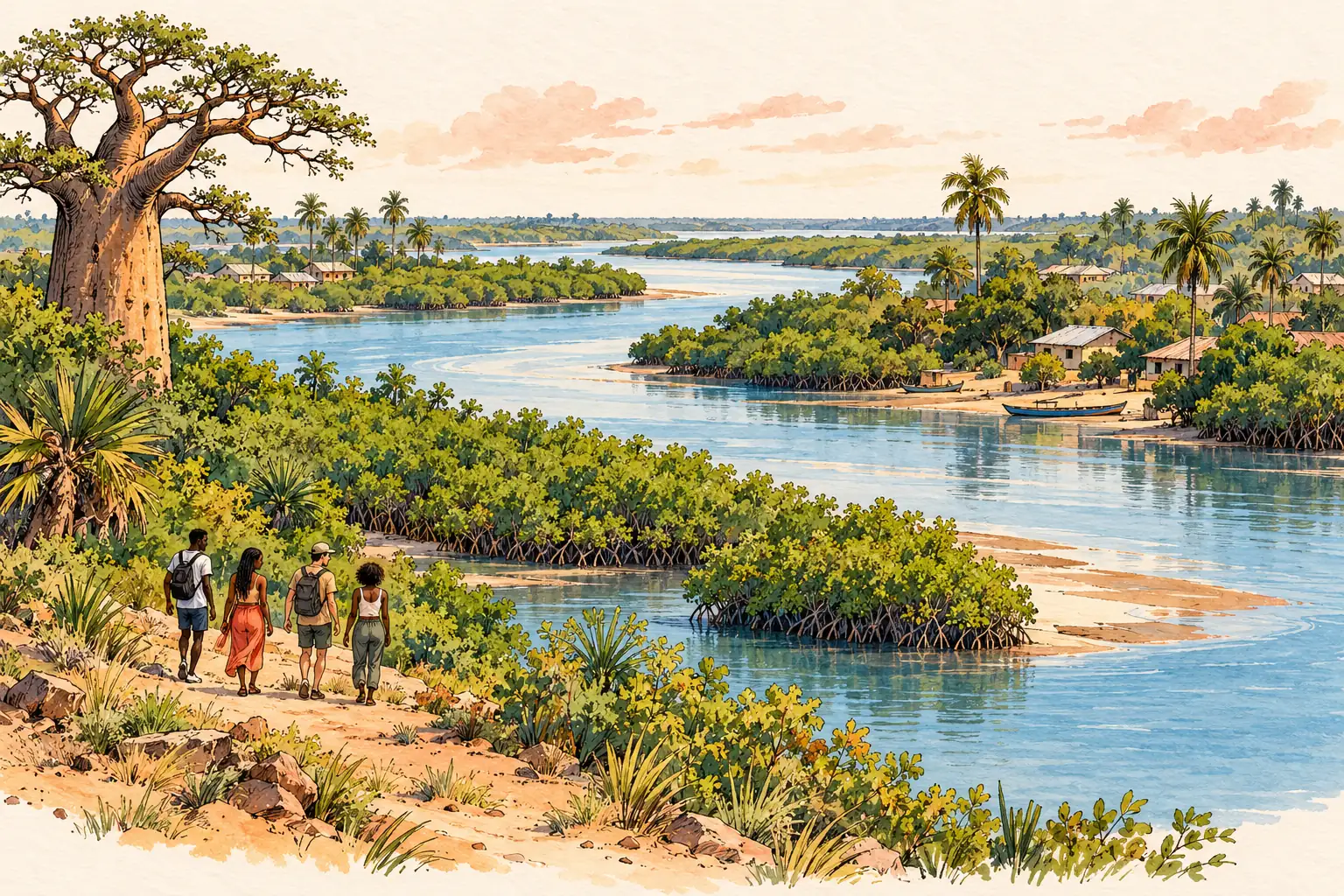 A hand-drawn characteristic landscape of Gambia, with a few young adults for scale.
