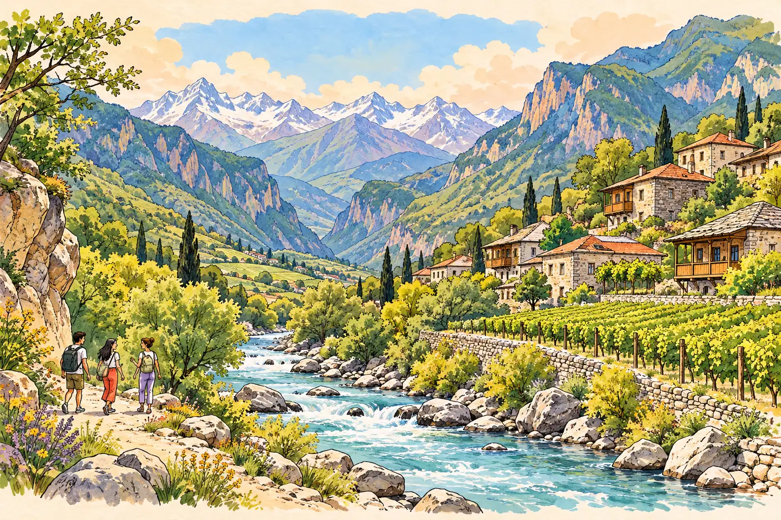 A hand-drawn characteristic landscape of Georgia, with a few young adults for scale.