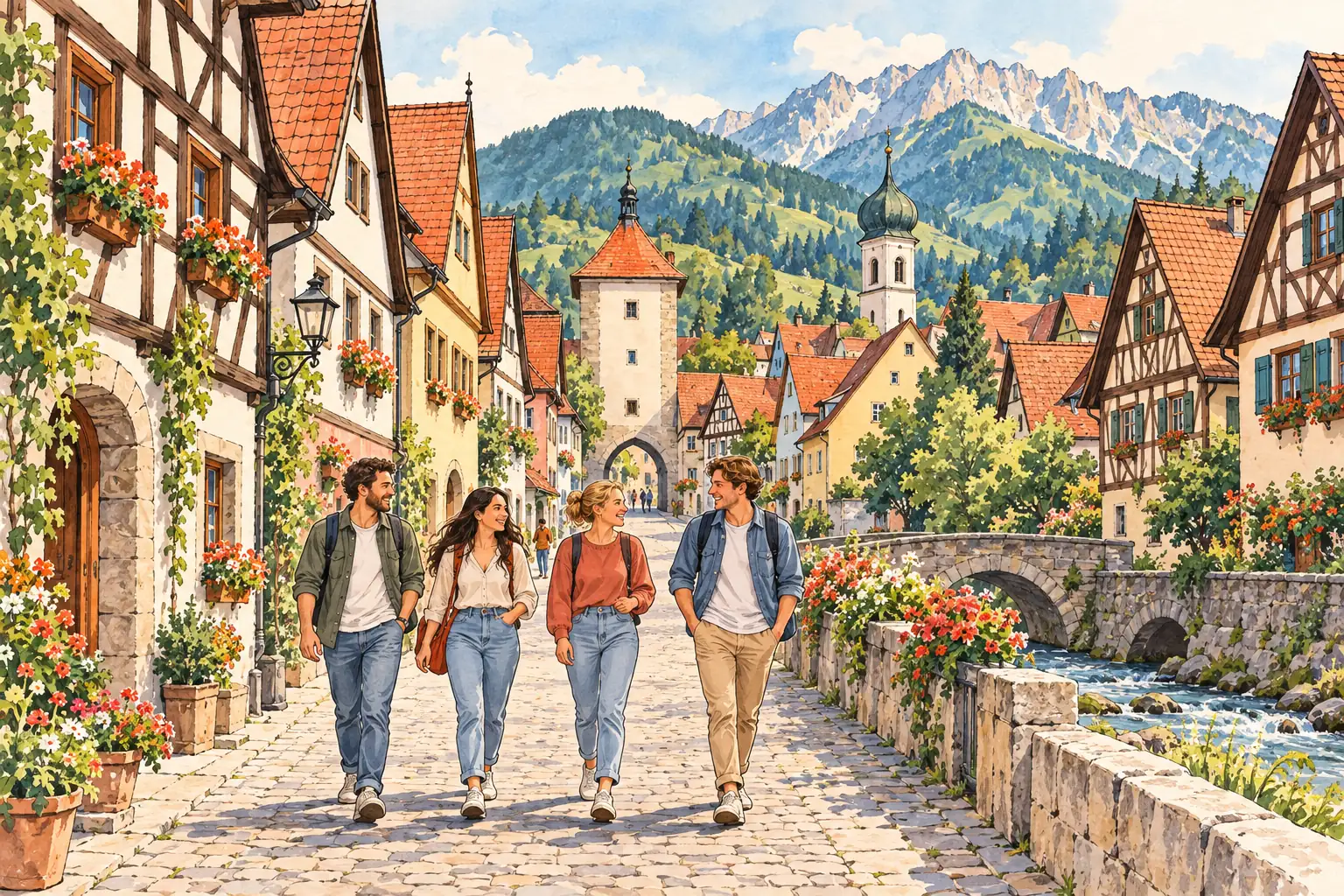 A hand-drawn characteristic landscape of Germany, with a few young adults for scale.