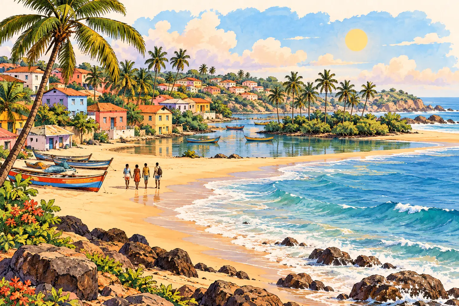 A hand-drawn characteristic landscape of Ghana, with a few young adults for scale.