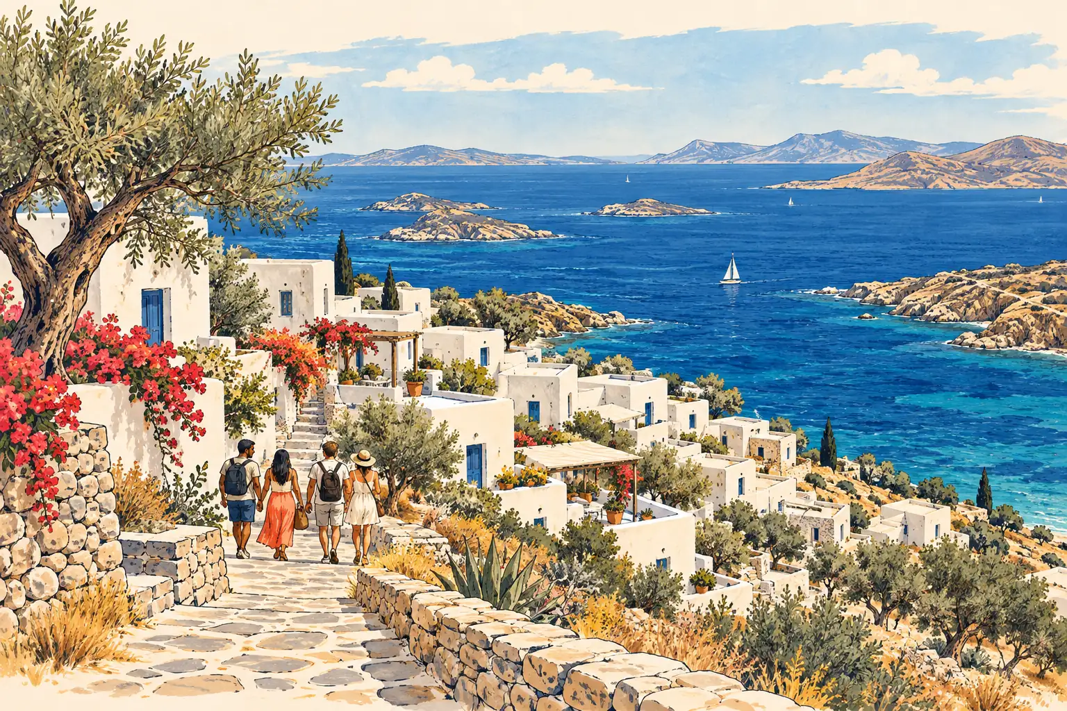 A hand-drawn characteristic landscape of Greece, with a few young adults for scale.