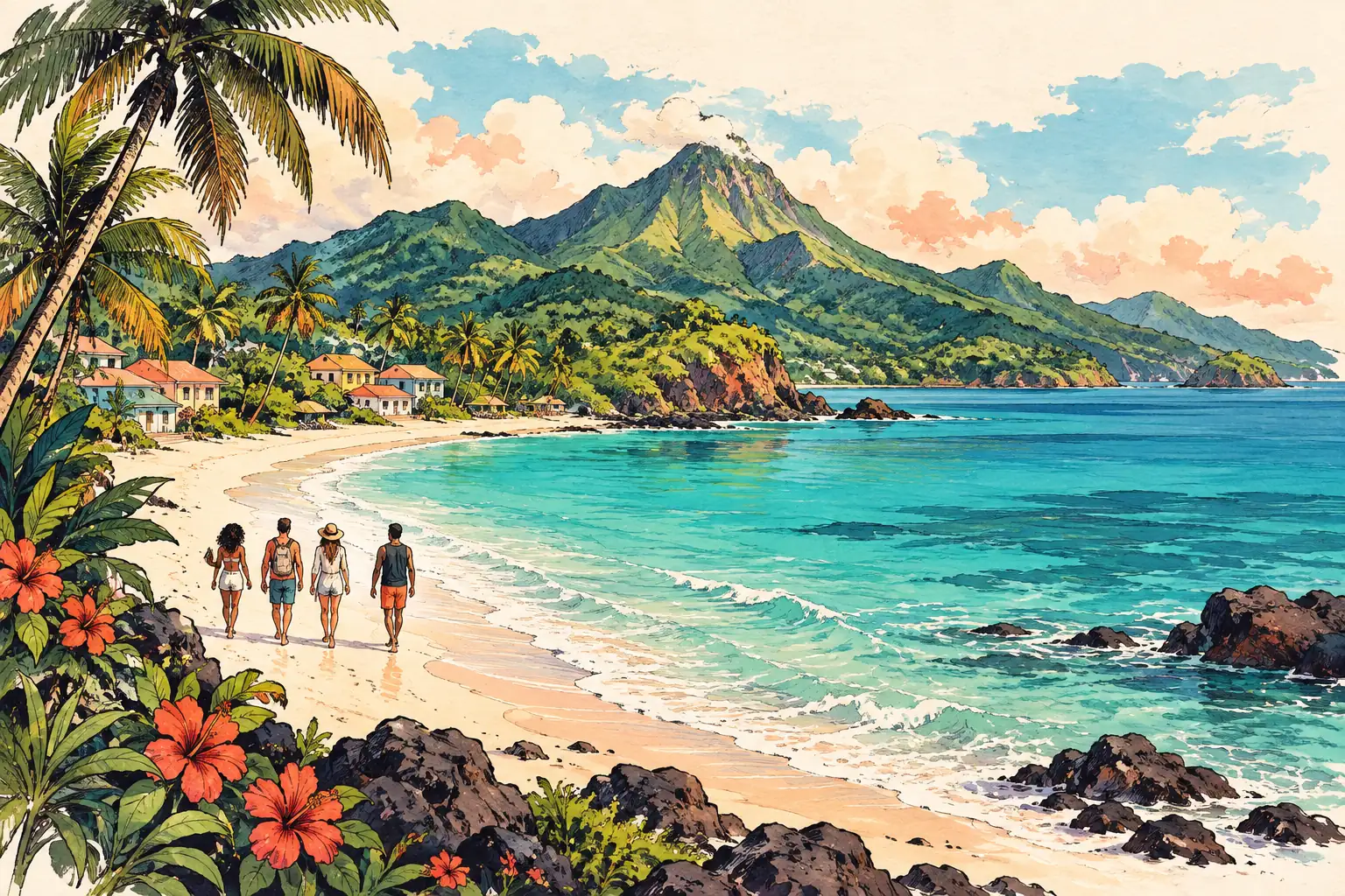 A hand-drawn characteristic landscape of Guadeloupe, with a few young adults for scale.