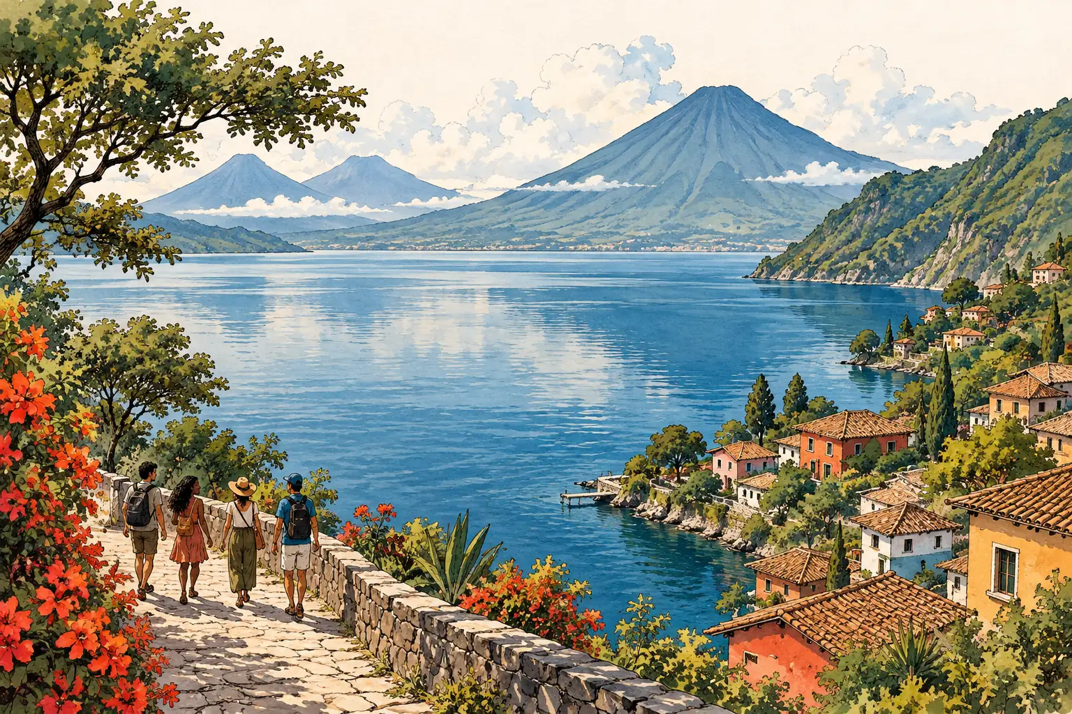 A hand-drawn characteristic landscape of Guatemala, with a few young adults for scale.