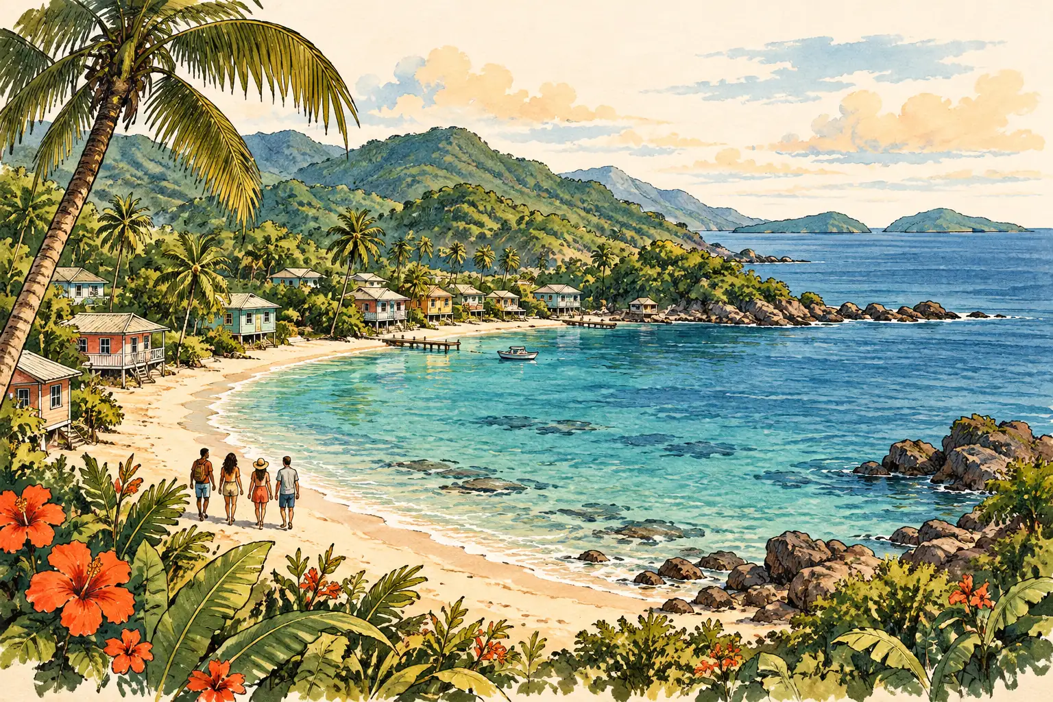 A hand-drawn characteristic landscape of Honduras, with a few young adults for scale.