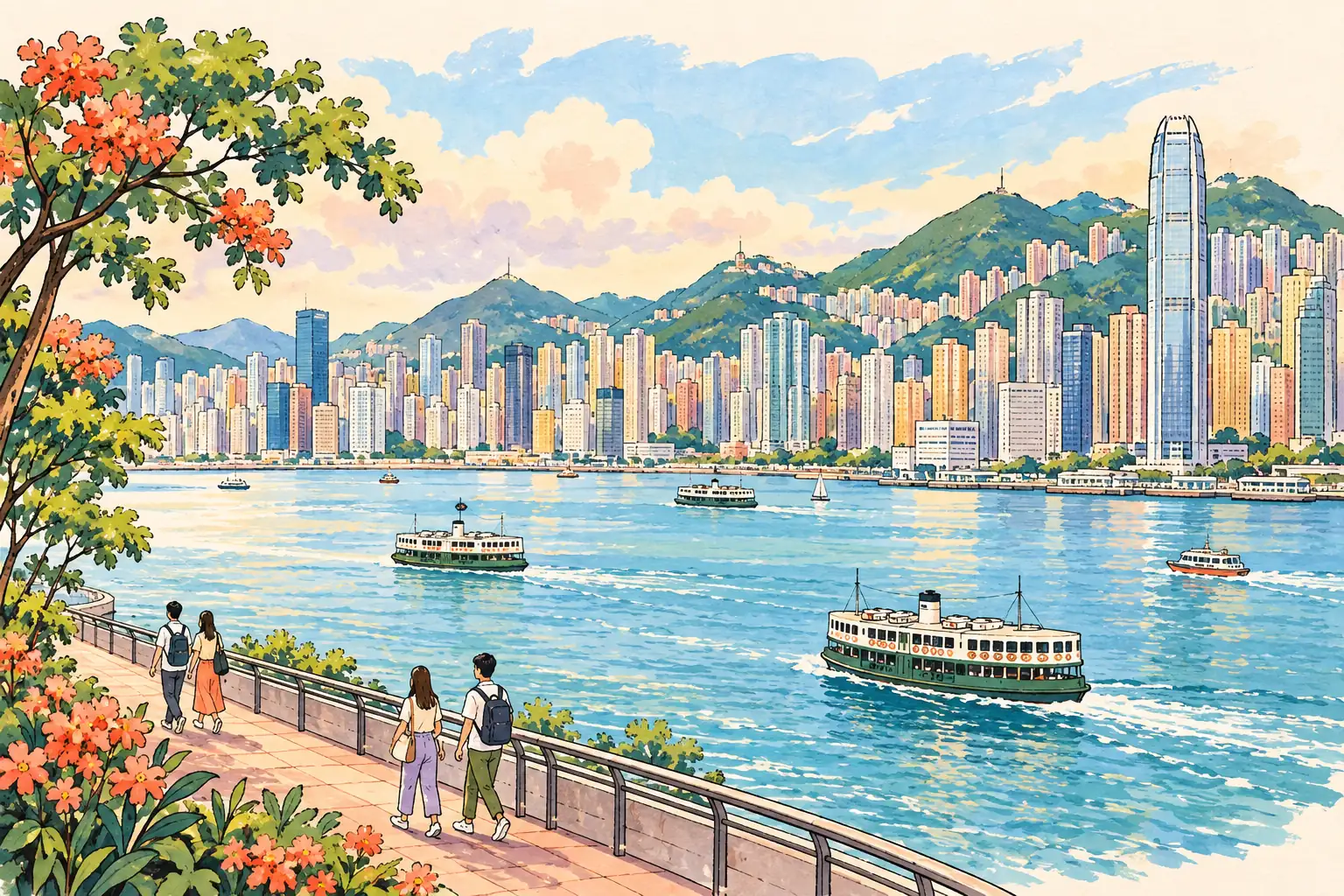 A hand-drawn characteristic landscape of Hong Kong, with a few young adults for scale.