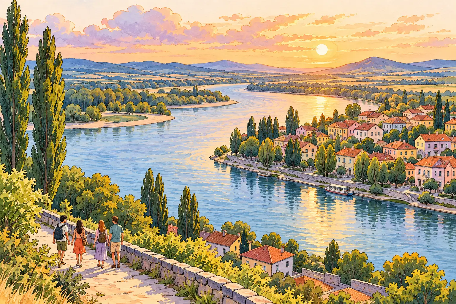 A hand-drawn characteristic landscape of Hungary, with a few young adults for scale.