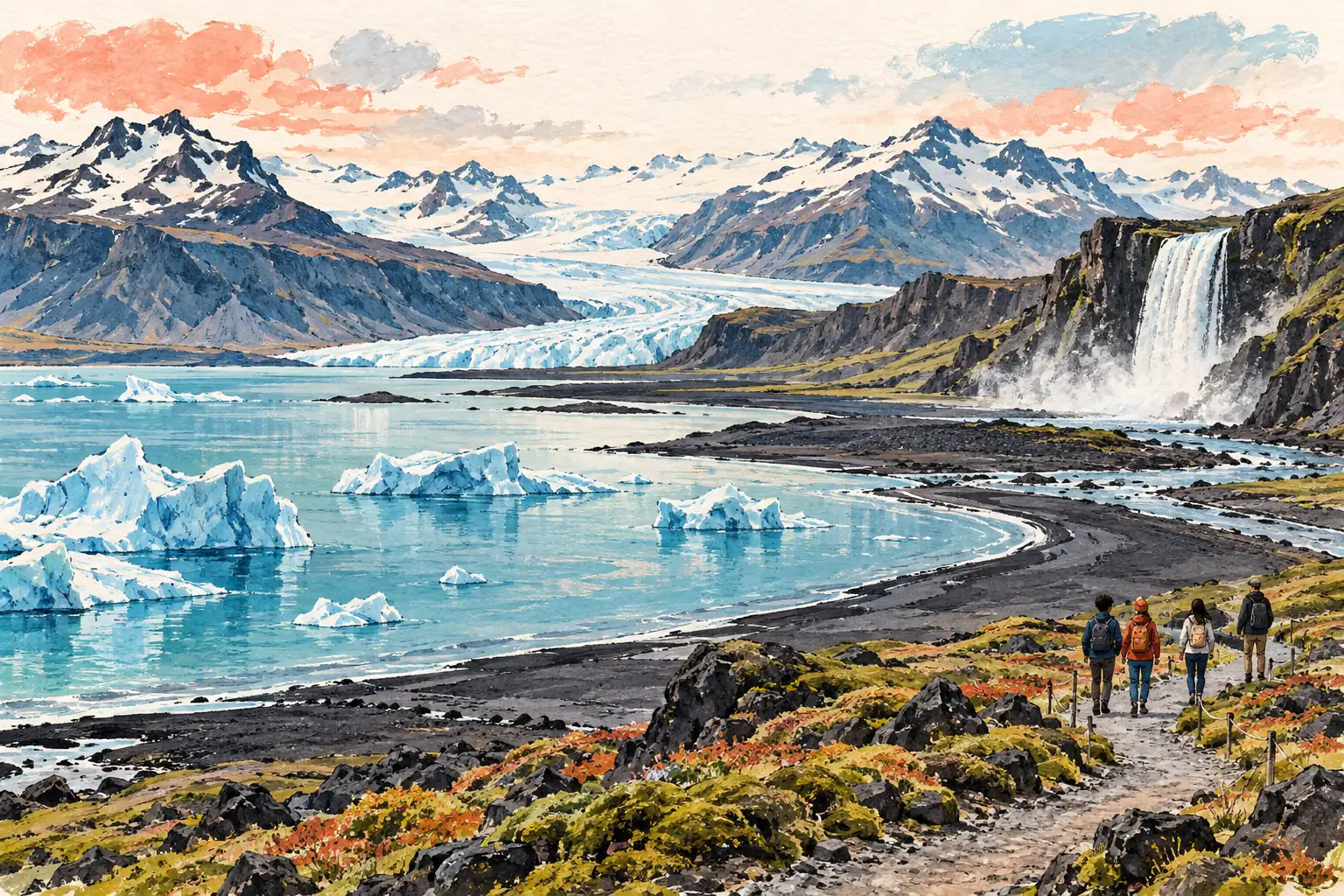 A hand-drawn characteristic landscape of Iceland, with a few young adults for scale.