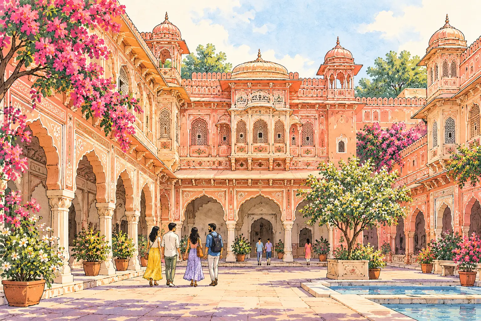 A hand-drawn characteristic landscape of India, with a few young adults for scale.
