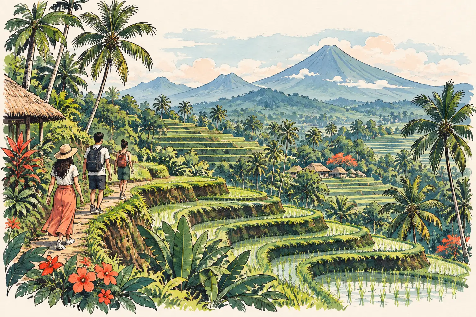 A hand-drawn characteristic landscape of Indonesia, with a few young adults for scale.