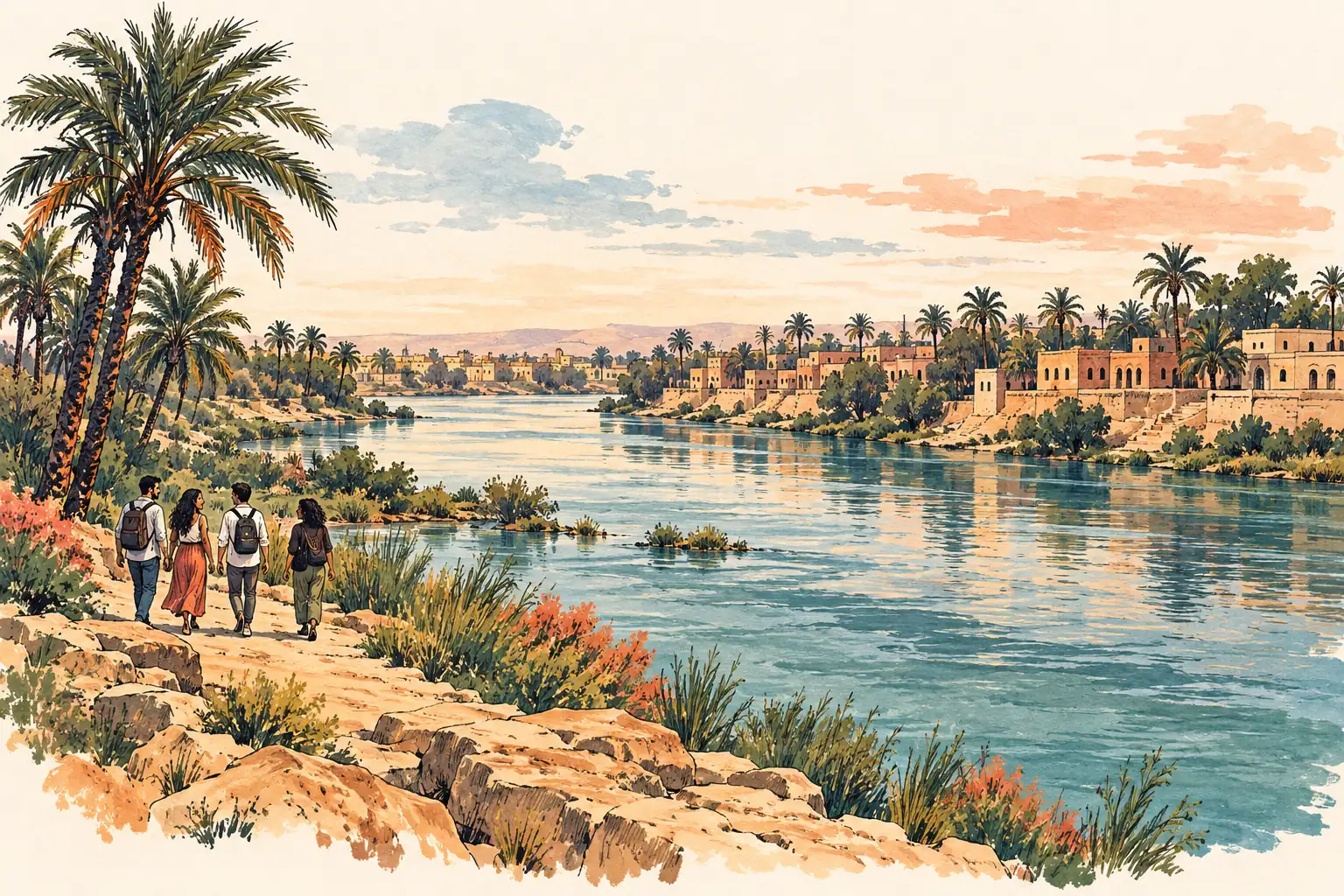 A hand-drawn characteristic landscape of Iraq, with a few young adults for scale.