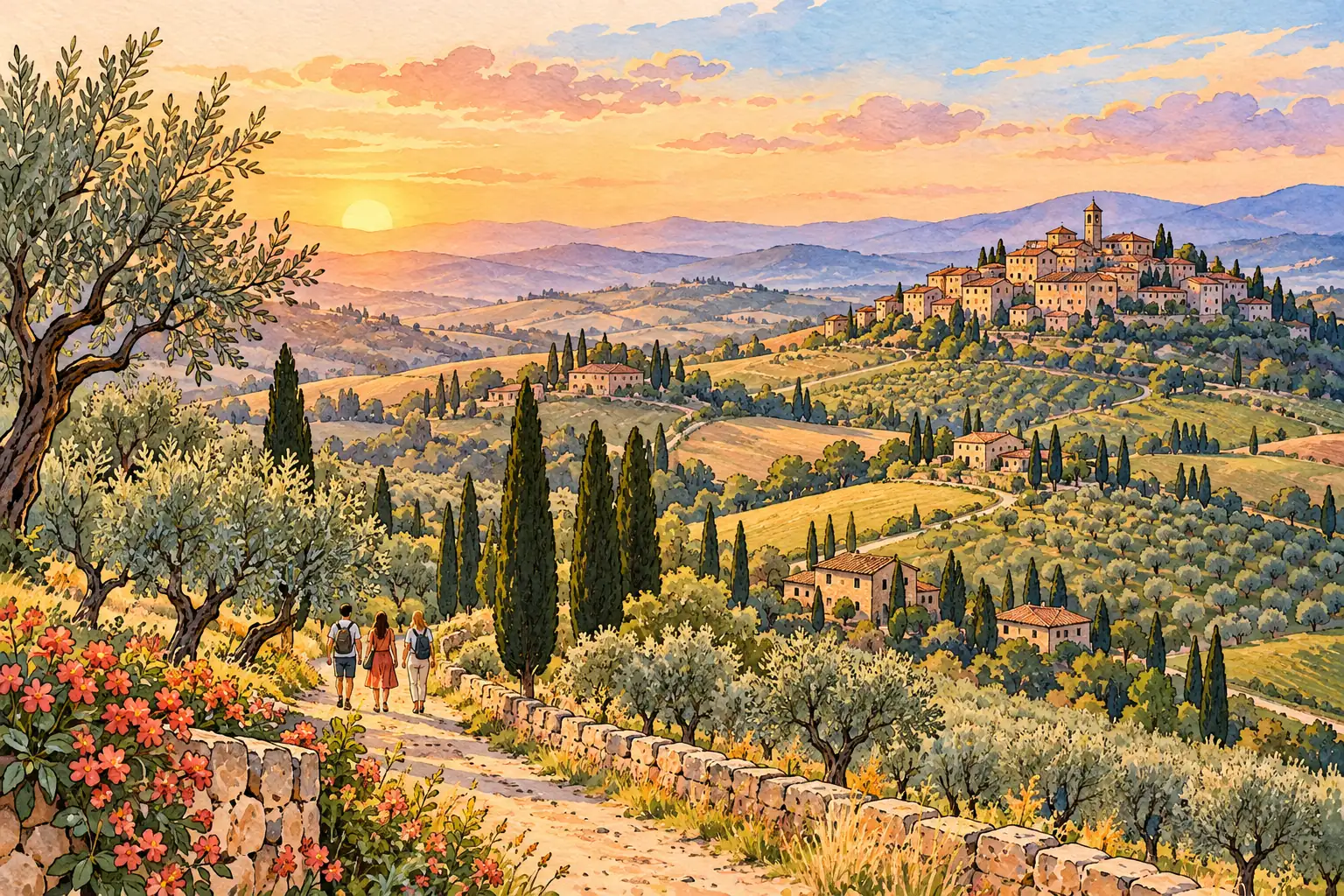 A hand-drawn characteristic landscape of Italy, with a few young adults for scale.