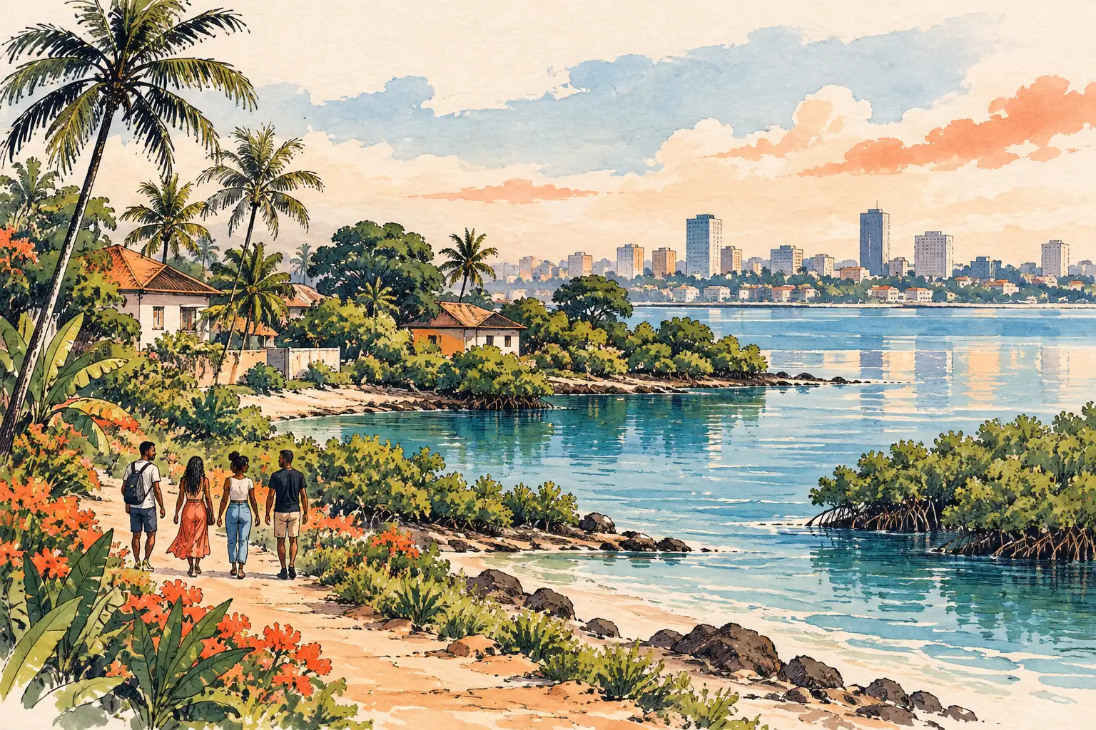 A hand-drawn characteristic landscape of Ivory Coast, with a few young adults for scale.