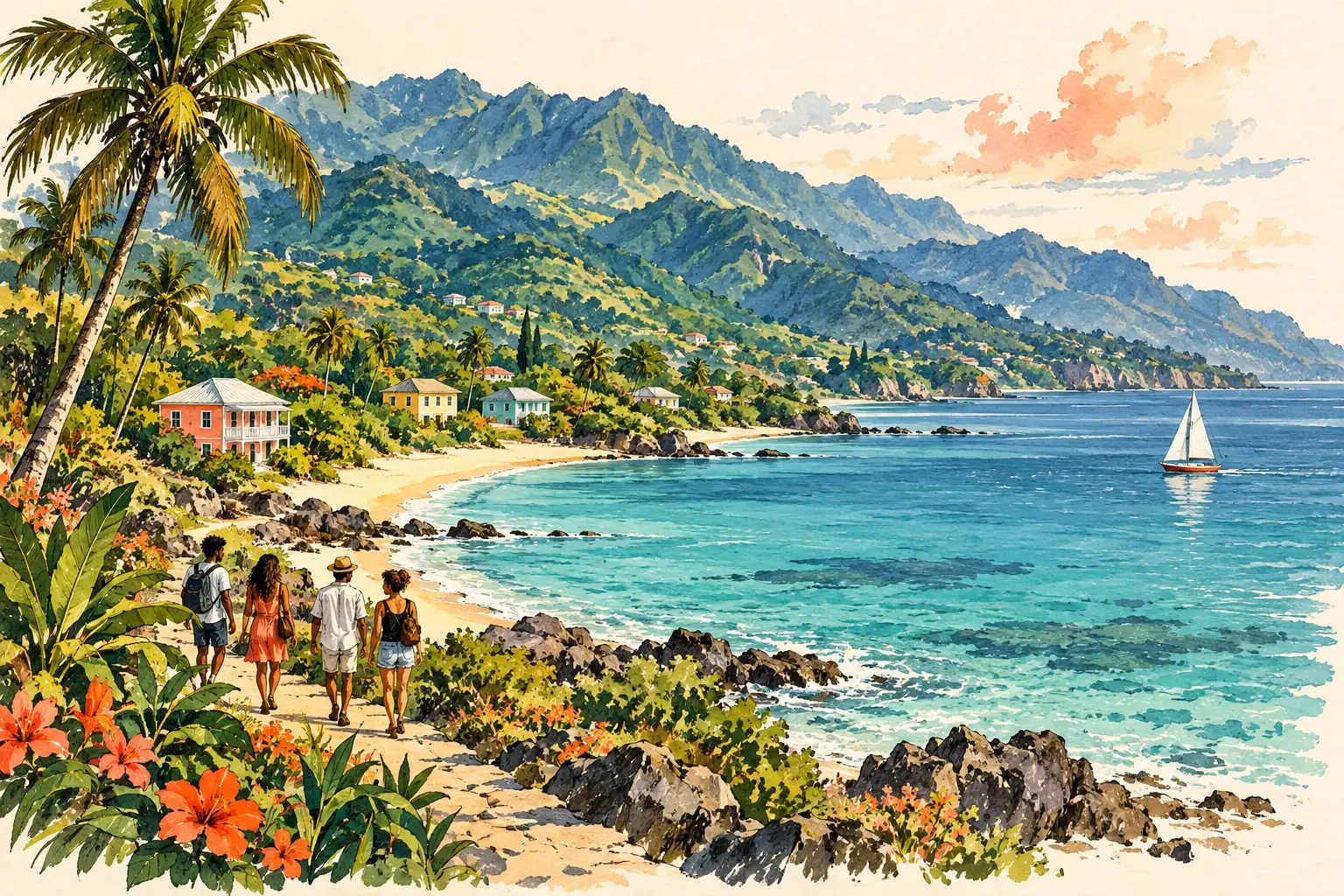 A hand-drawn characteristic landscape of Jamaica, with a few young adults for scale.