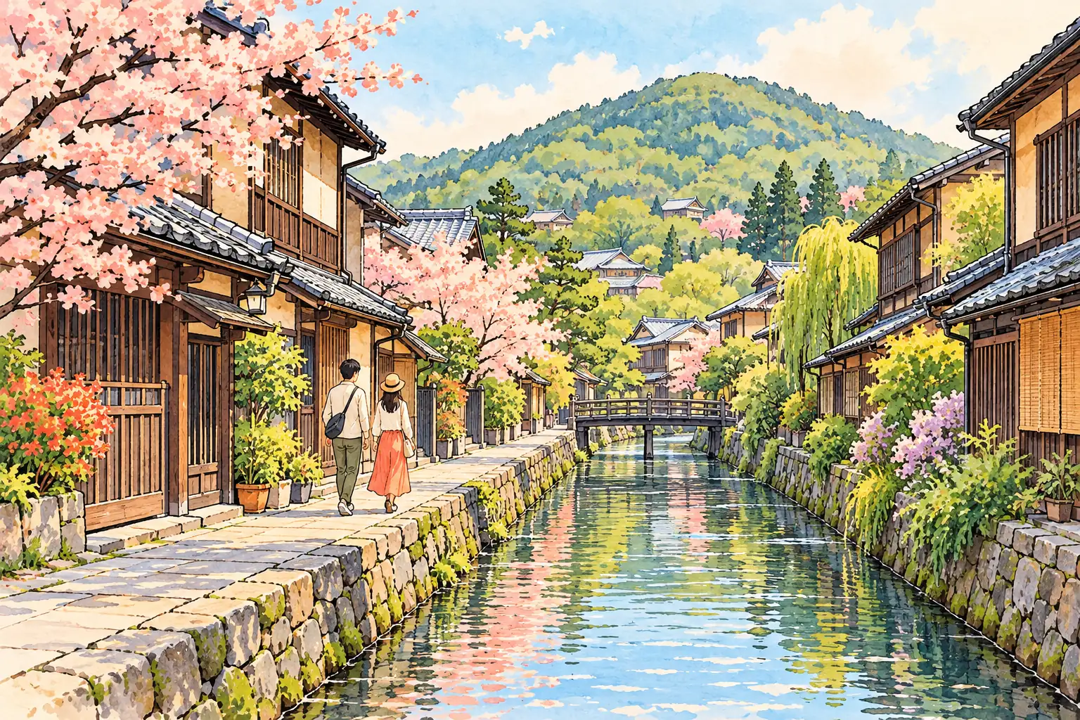 A hand-drawn characteristic landscape of Japan, with a few young adults for scale.
