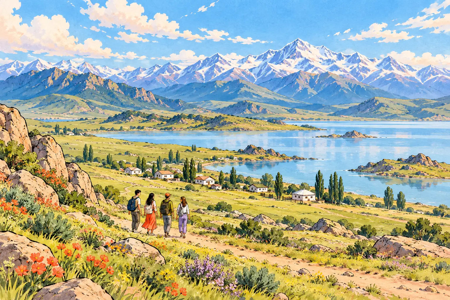 A hand-drawn characteristic landscape of Kazakhstan, with a few young adults for scale.