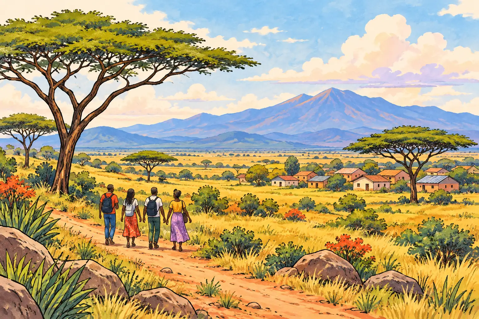 A hand-drawn characteristic landscape of Kenya, with a few young adults for scale.