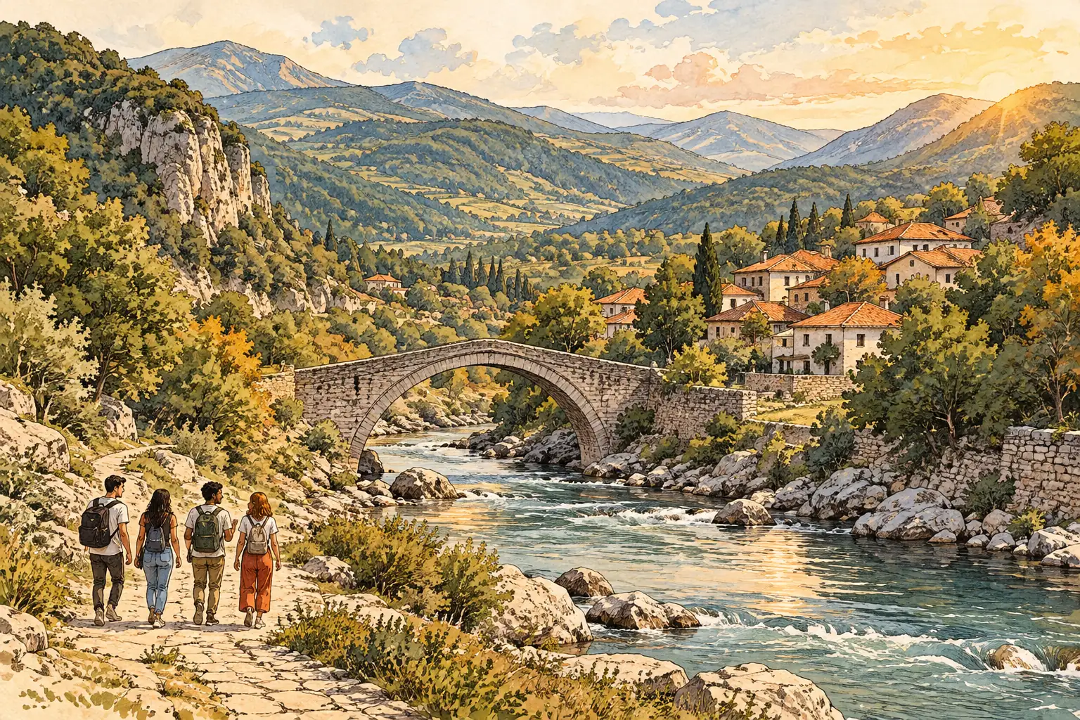 A hand-drawn characteristic landscape of Kosovo, with a few young adults for scale.