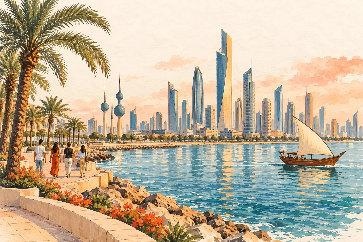 A hand-drawn characteristic landscape of Kuwait, with a few young adults for scale.