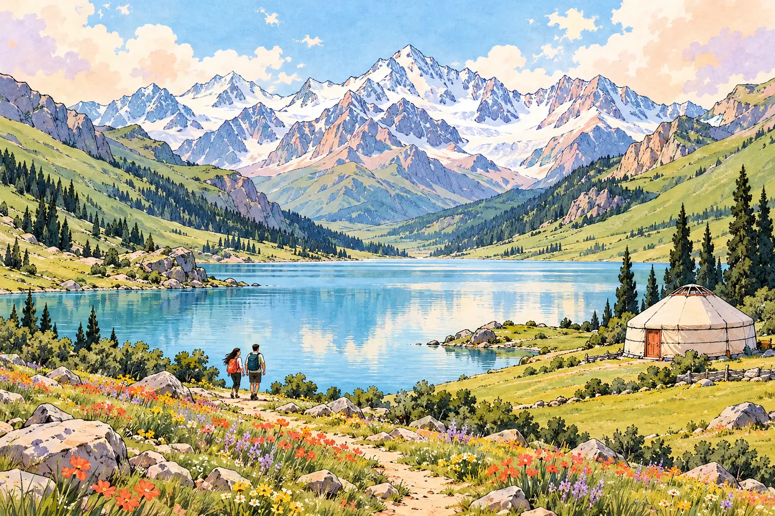A hand-drawn characteristic landscape of Kyrgyzstan, with young adults for scale.